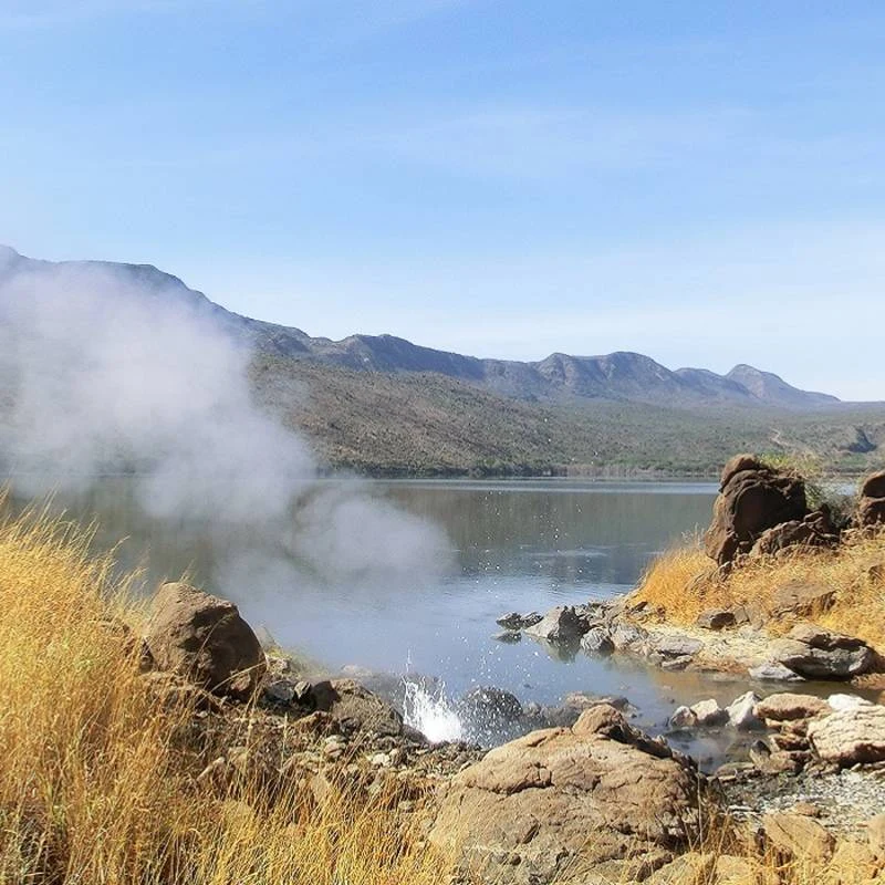 Steam rising from hot springs on the rocky shore of Lake Bogoria