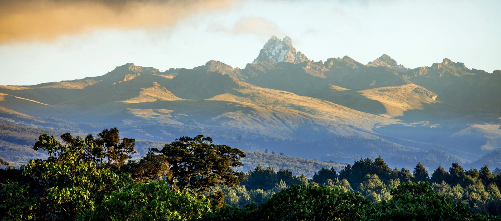 Mount Kenya's peaks above forested foothills in late light