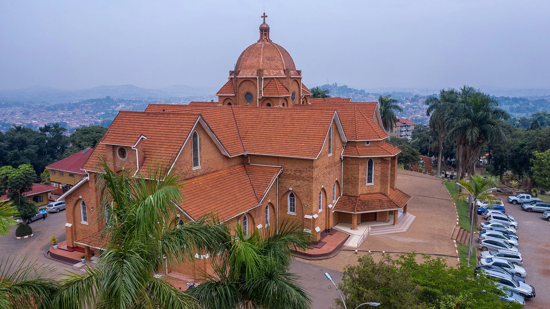 Aerial view of the brick Namirembe Cathedral on its hilltop in Kampala