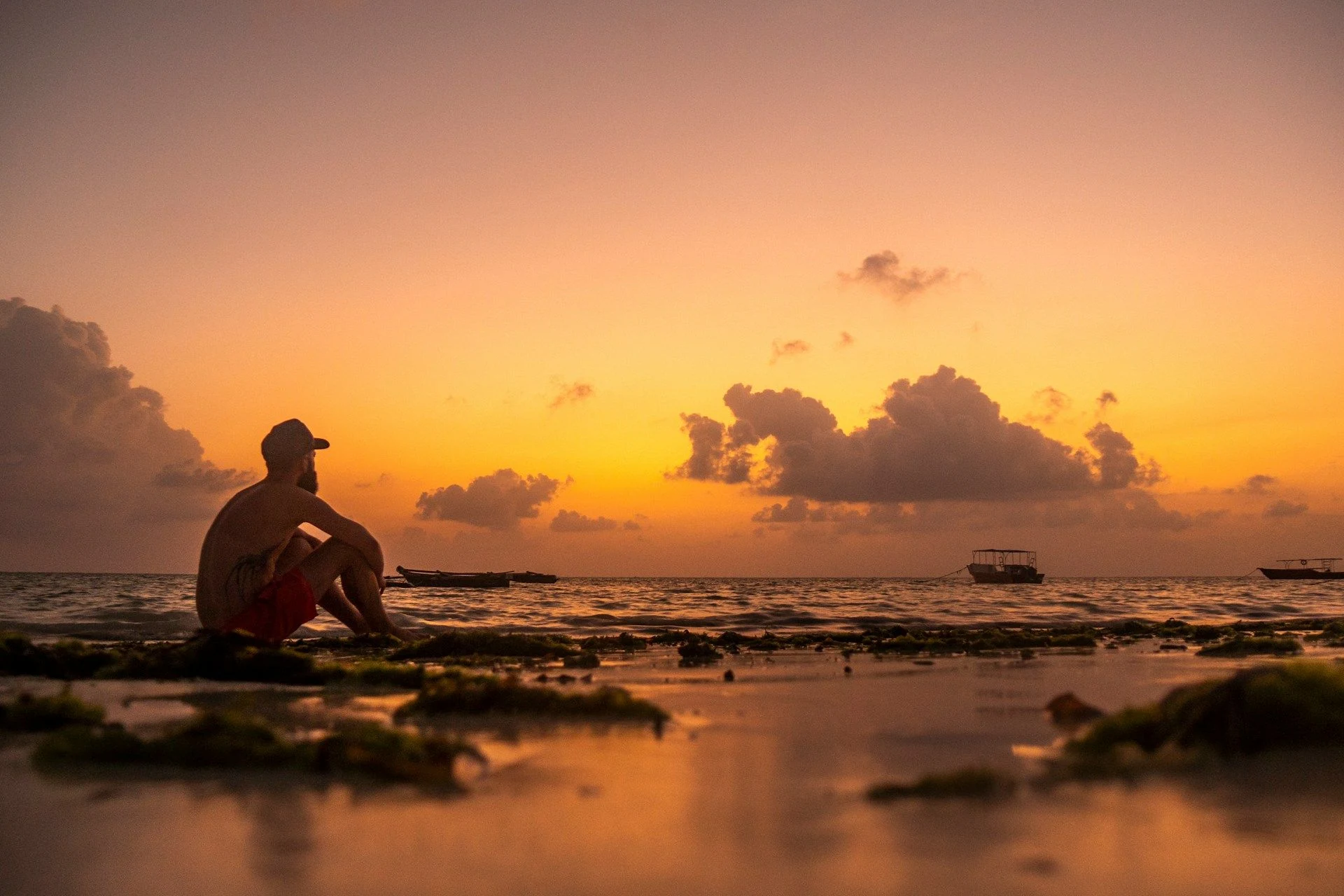 Person sitting alone on shore watching an orange sunset