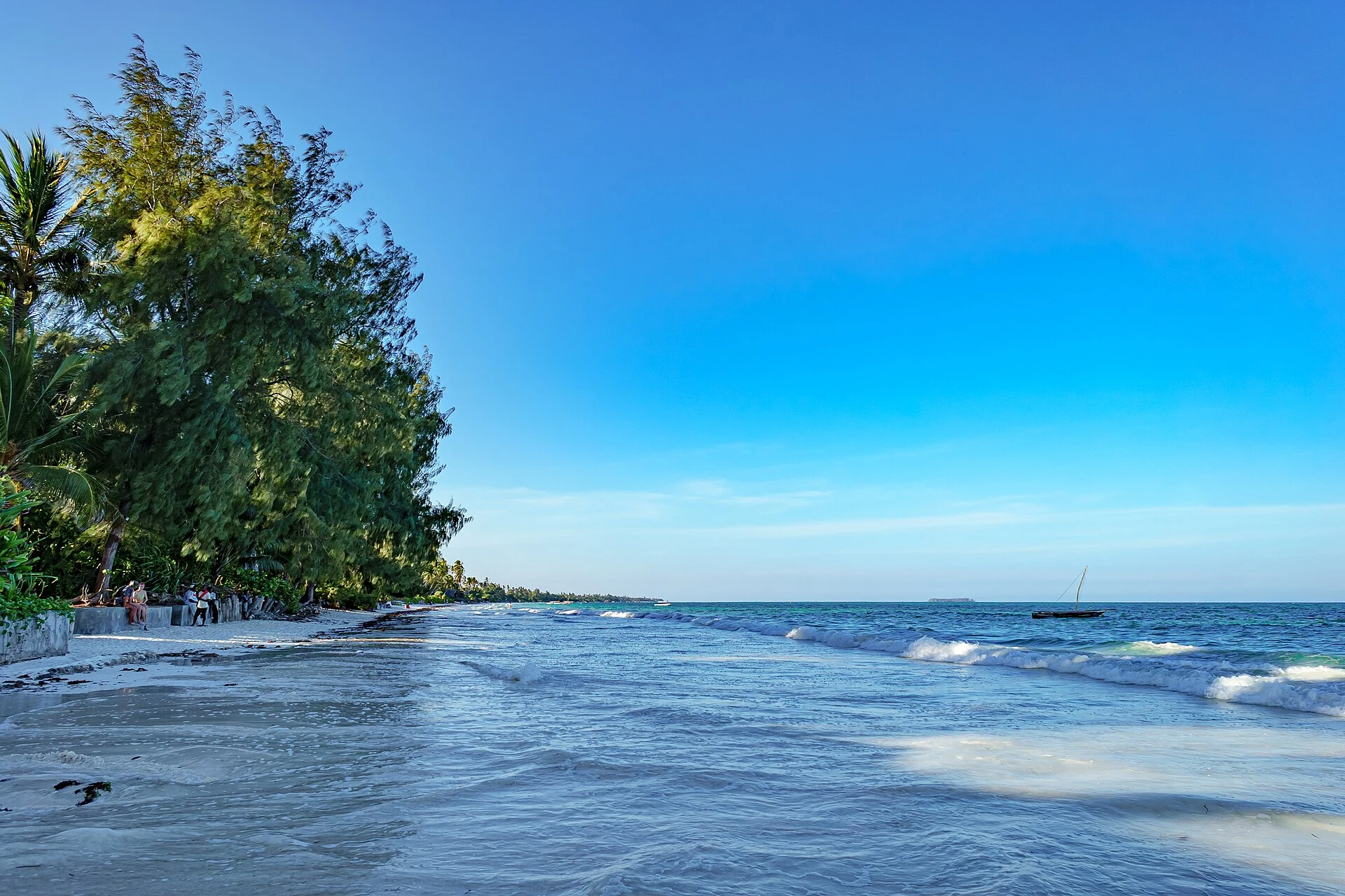 A tree-lined shore and turquoise sea at Nungwi in northern Zanzibar