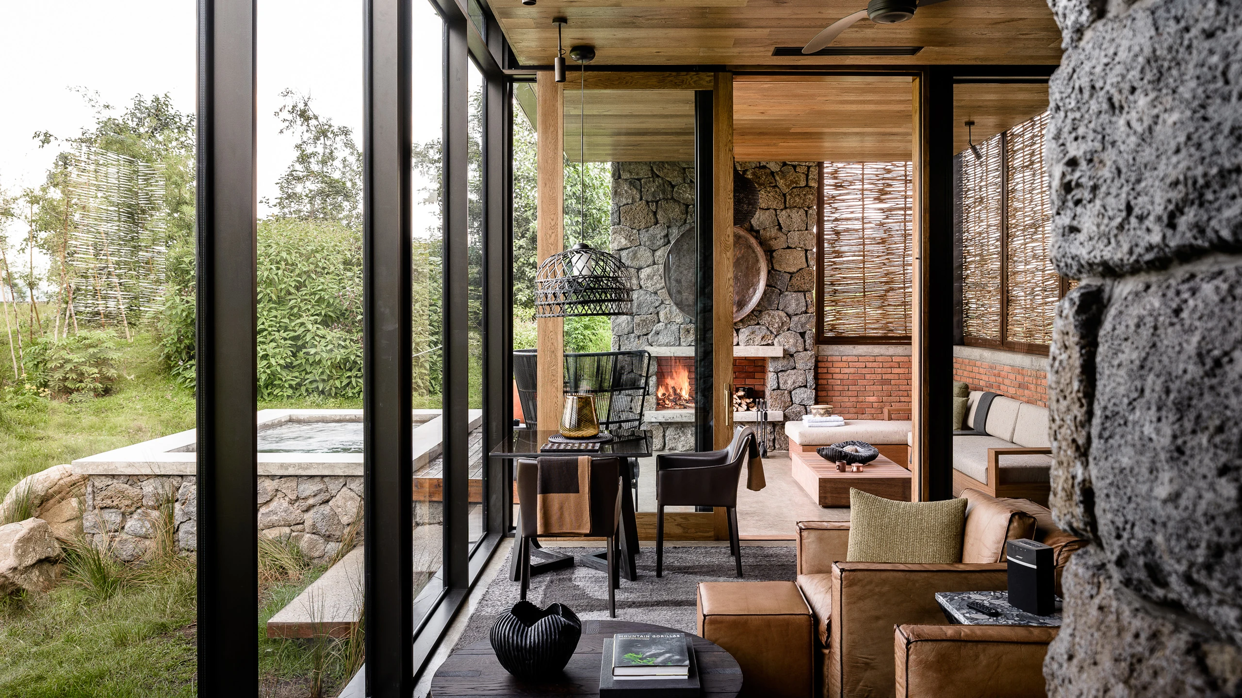 Lounge behind tall glass doors