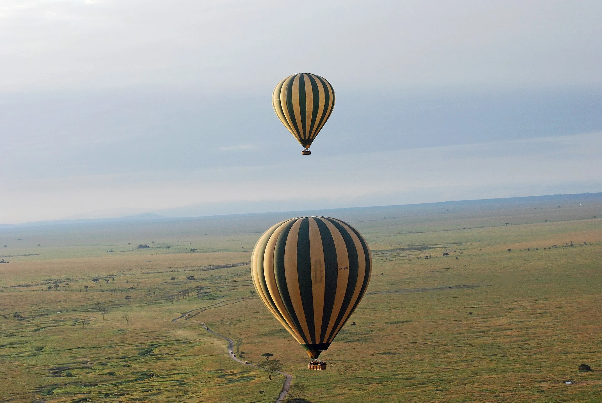 Two hot-air balloons floating low over the Serengeti plains