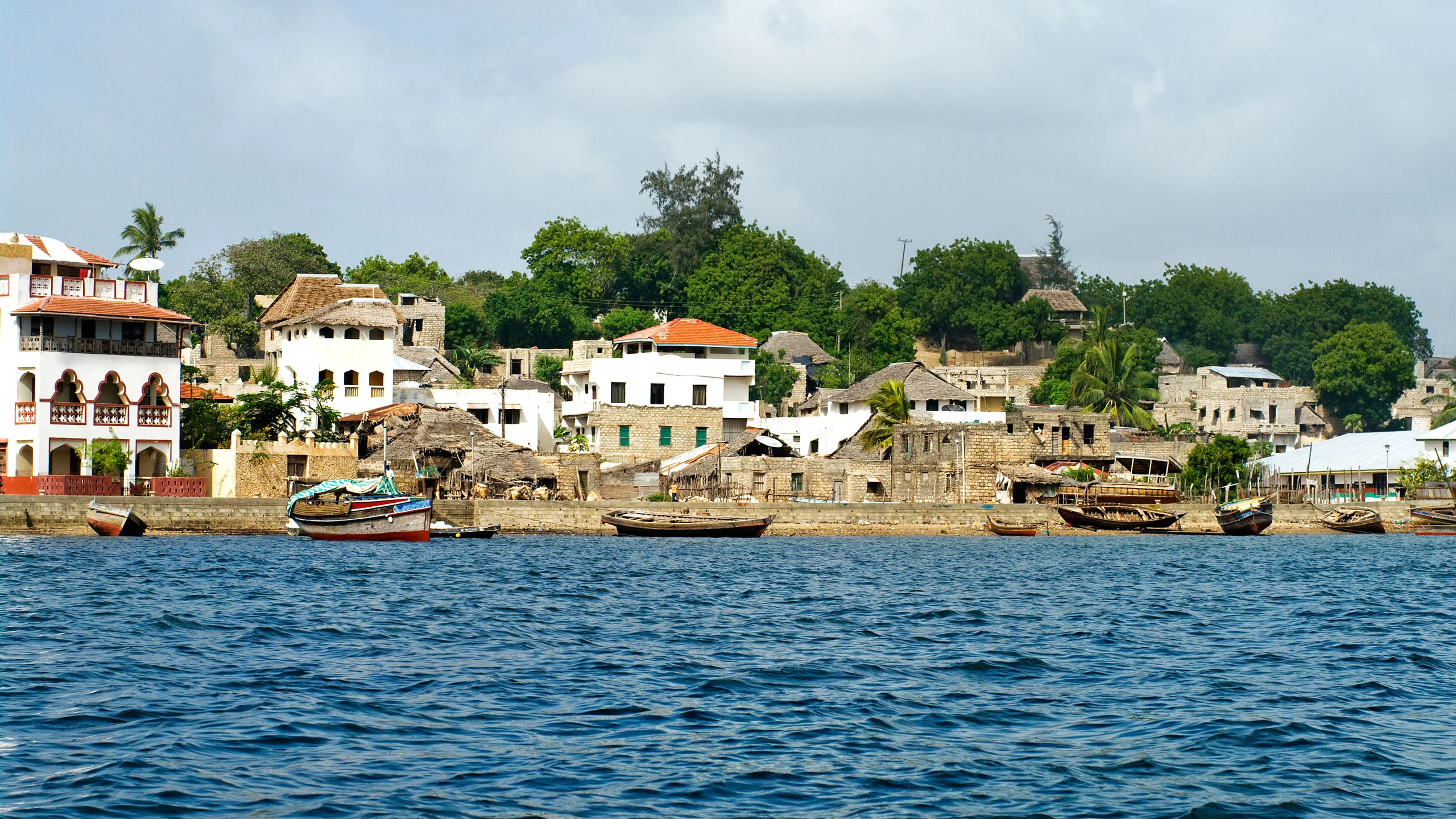 Whitewashed Swahili houses and boats along Lamu waterfront from the channel