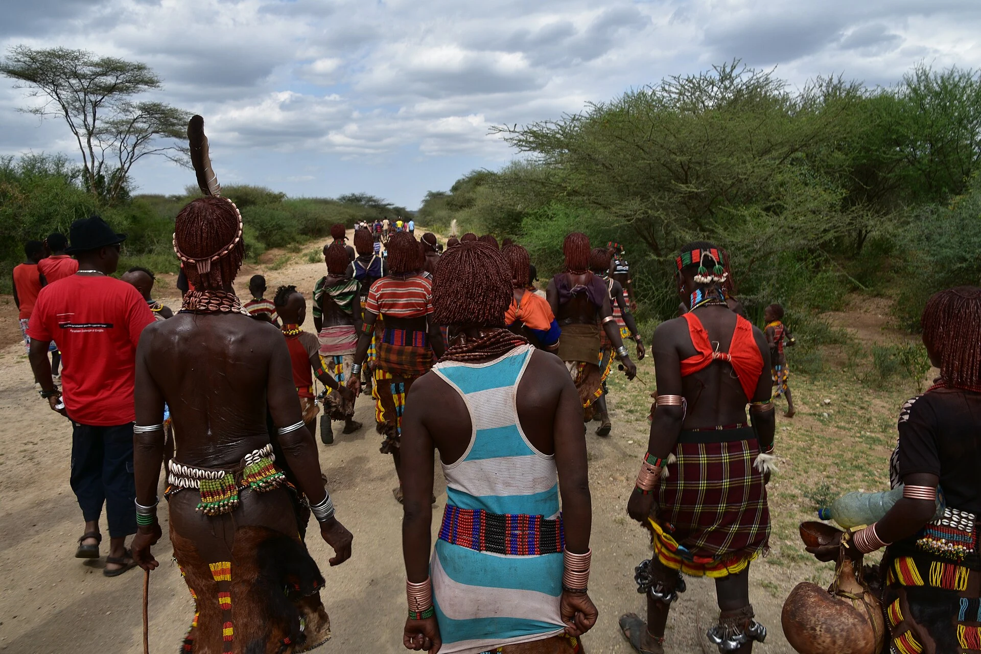 Hamer people walk in a group towards a bull-jumping ceremony site.