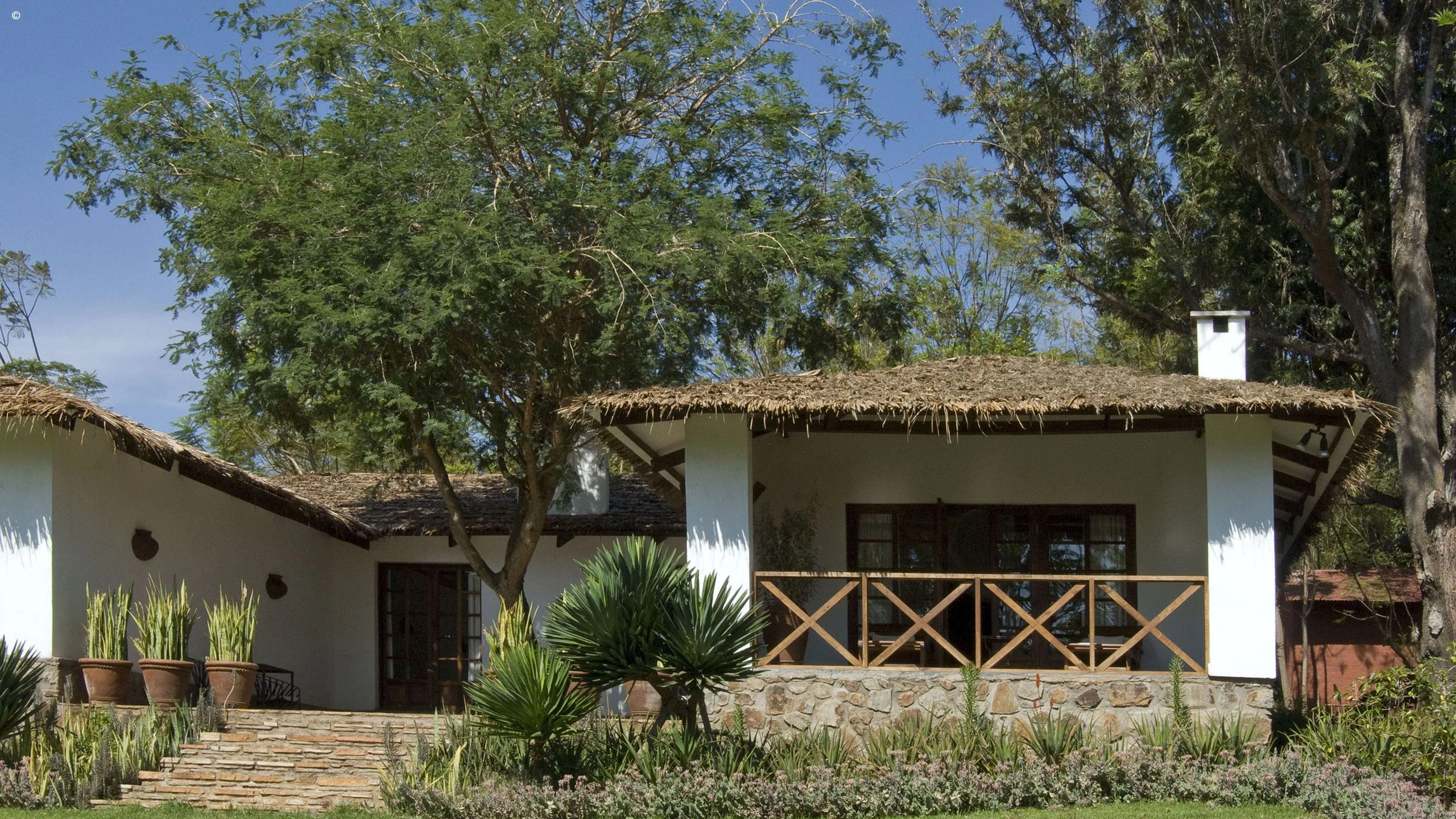 Pale cottage with shaded veranda