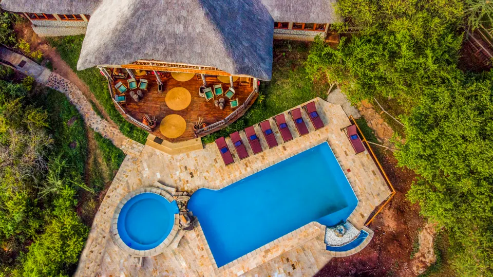 Ngorongoro Forest main building and pool aerial