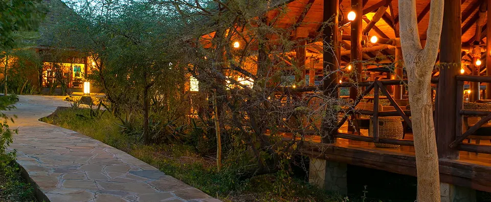 Samburu Simba Lodge bar exterior at dusk