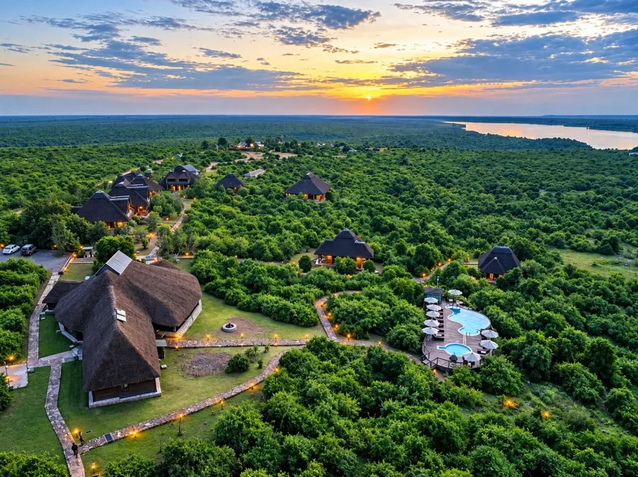 Buffalo Safari Lodge aerial view of cottages, pool and surrounding landscape