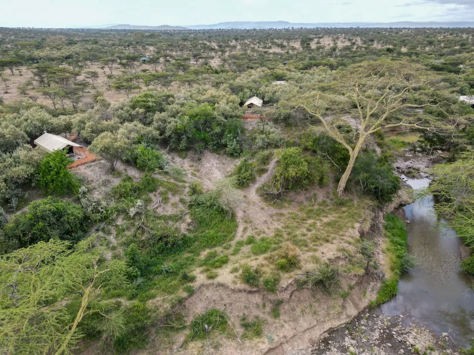 Aerial view of camp beside the Ripole River