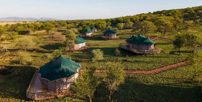Aerial view of guest tents and main structures
