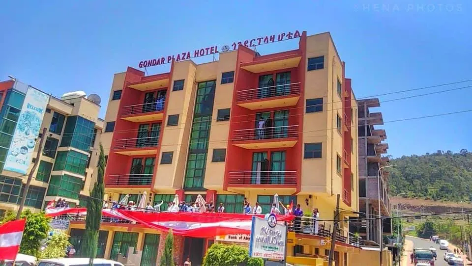 Gondar Plaza Hotel exterior with its name visible above the entrance