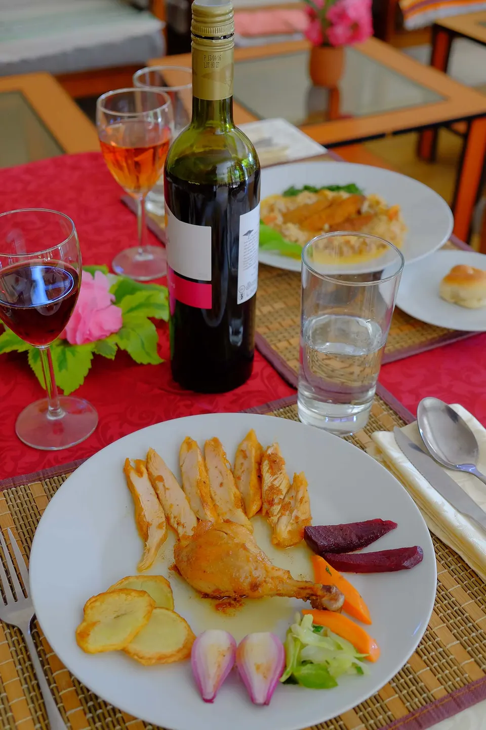 Meal served by the hotel restaurant
