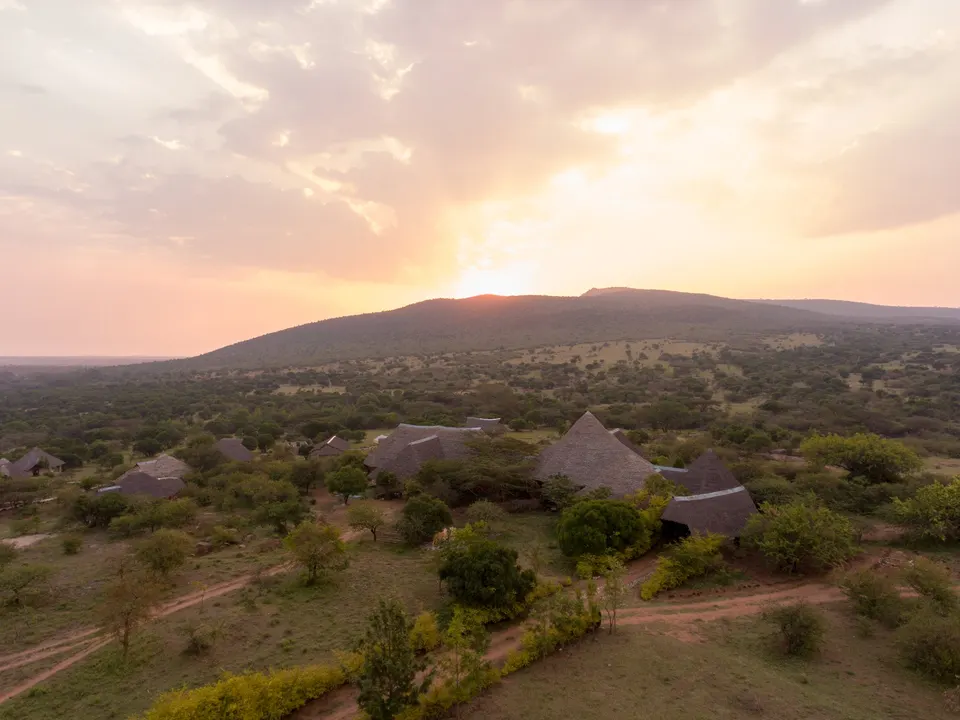 Aerial view of Explore Nature Mara Lodge at sunset