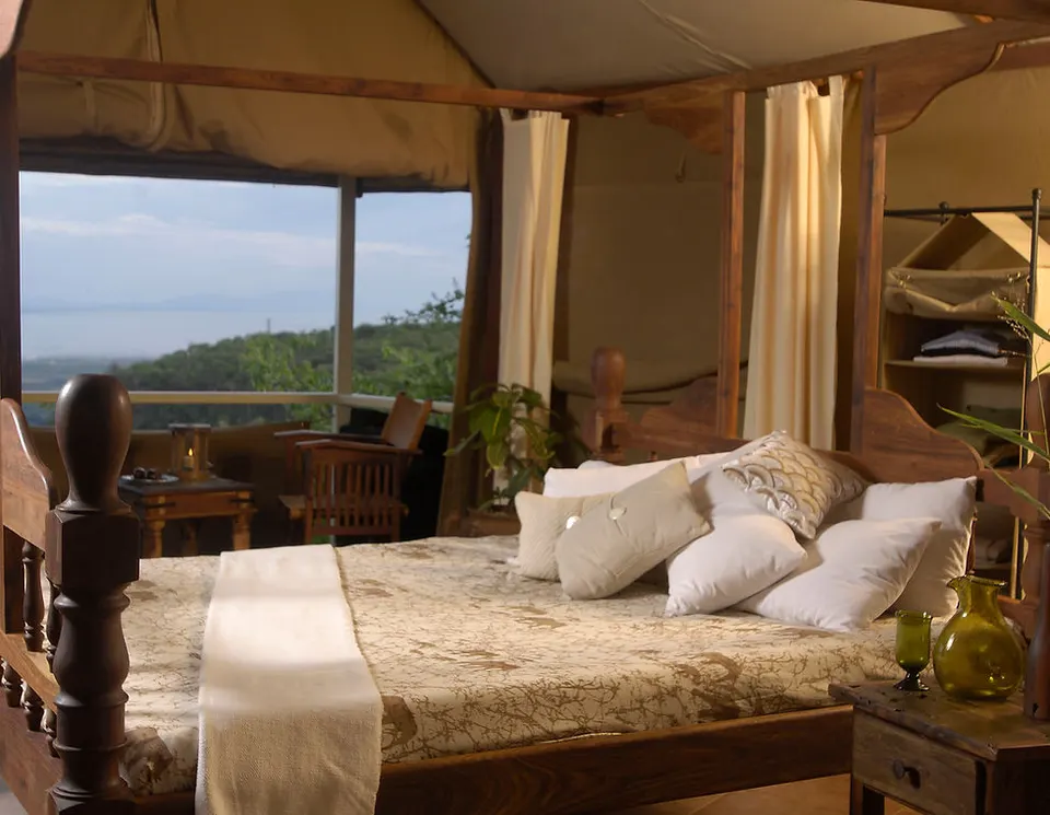 Kirurumu Manyara room interior opening towards its veranda and lake outlook