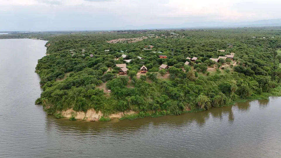 Aerial view of camp beside the channel