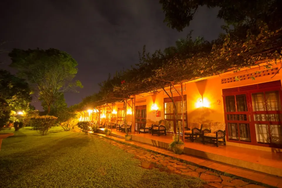 Airport Guesthouse Entebbe garden-facing guest-room verandas at night