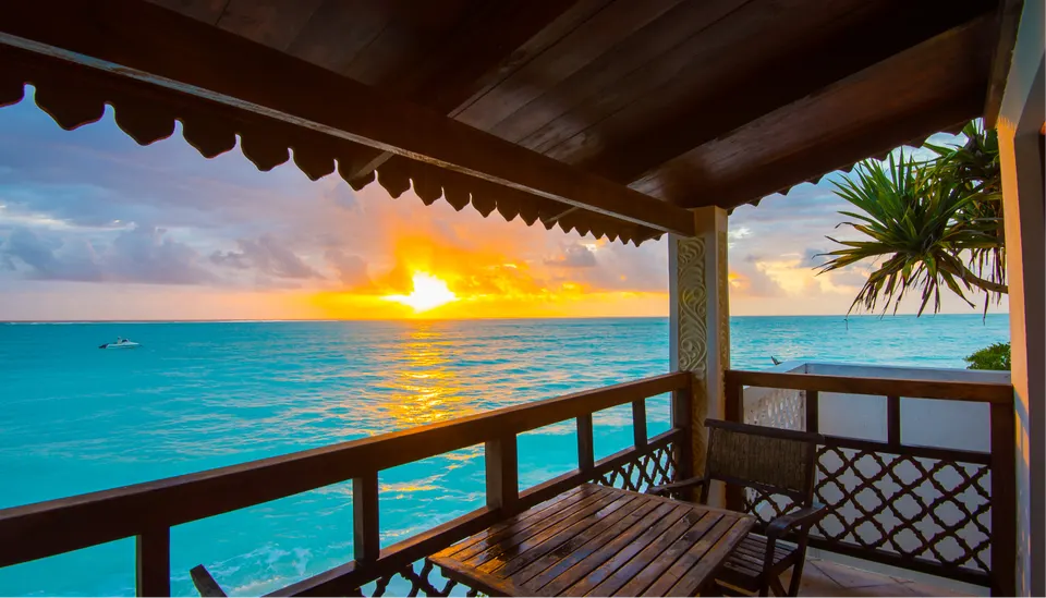Ocean view from a covered timber balcony