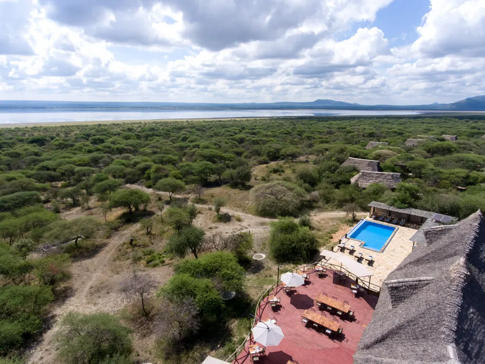 Lake Burunge Tented Lodge aerial pool and lake setting