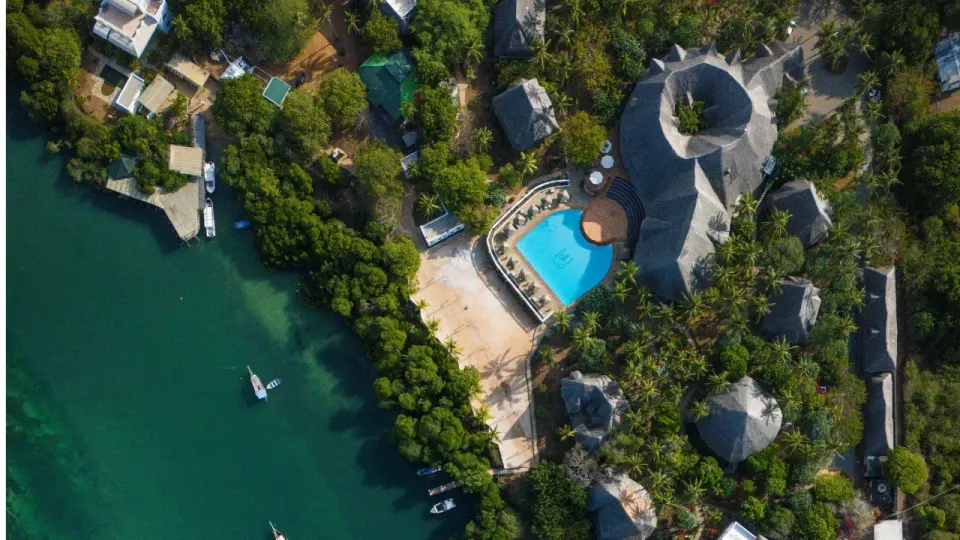 Aerial view of resort and creek-side grounds