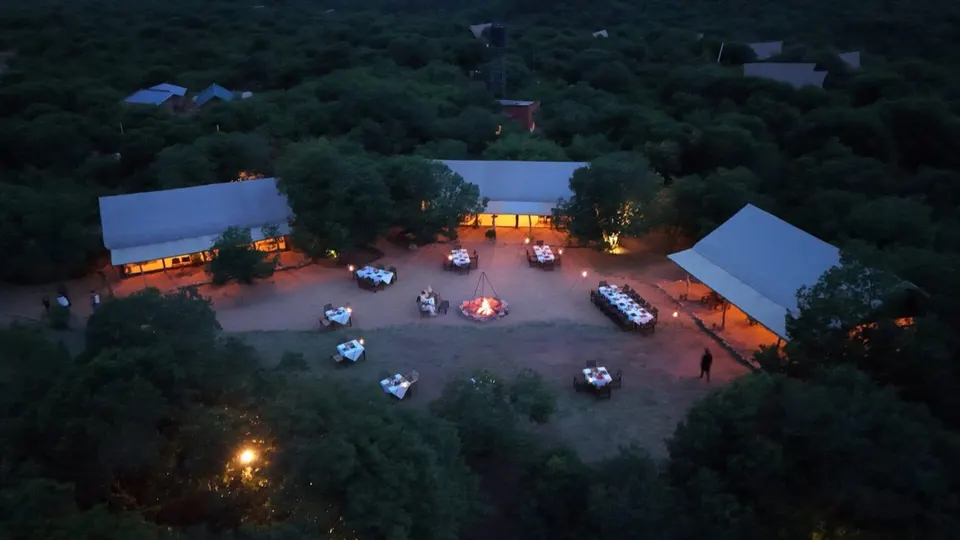 Camp dining area at dusk