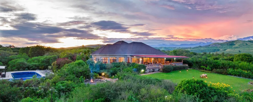 Lodge aerial view at dusk