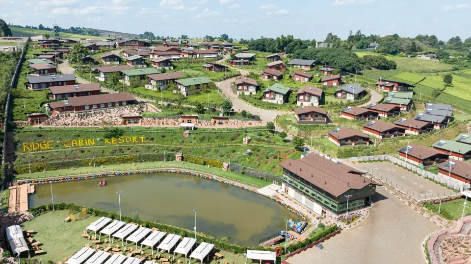 Aerial view of resort grounds and cabins