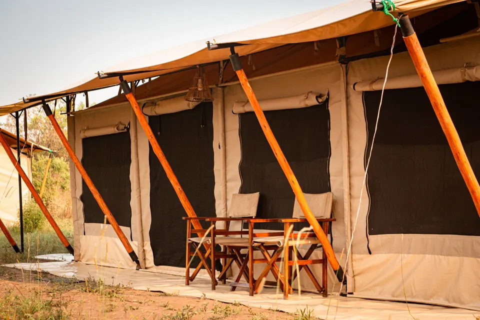 The veranda of a guest tent at Gnu Mara River Camp