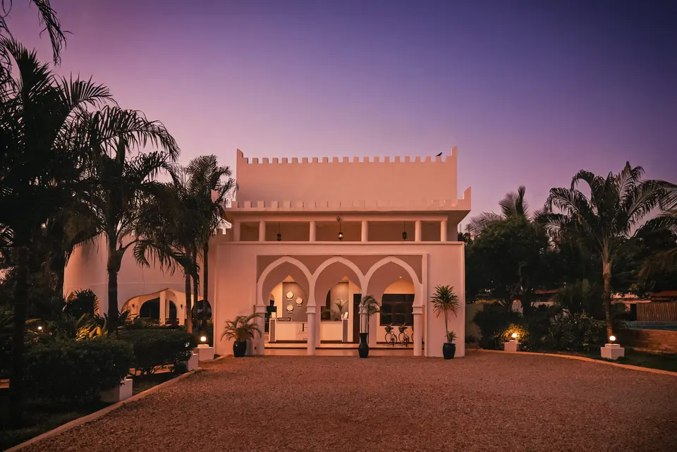 Hisia reception building at dusk