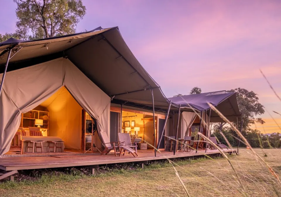 Family tent exterior at dusk
