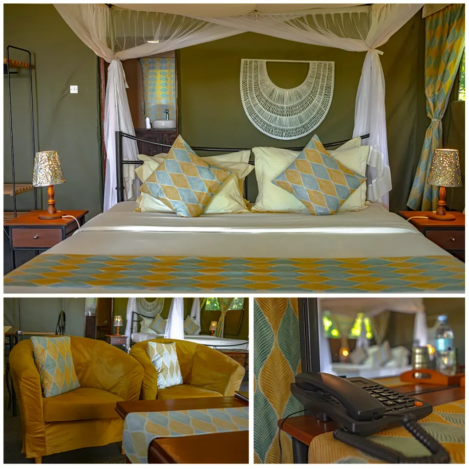 Operator-supplied three-panel bedroom and lounge collage