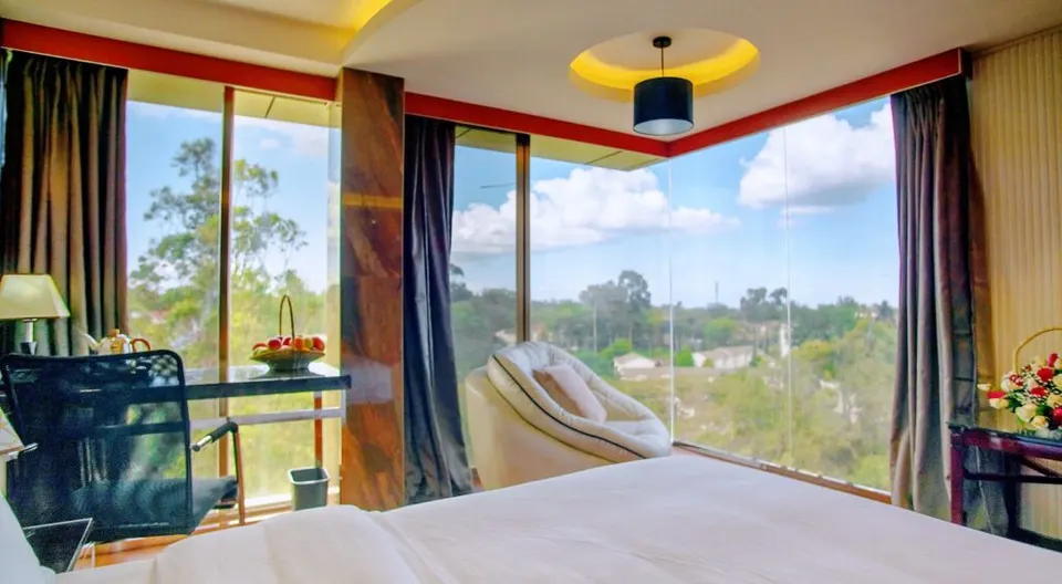Guest bedroom with city-facing windows