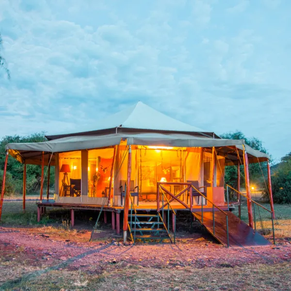 Sound of Silence tent exterior at dusk