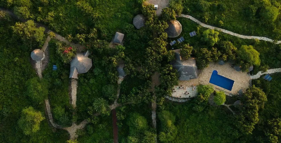Oremiti shared pool and lodge aerial