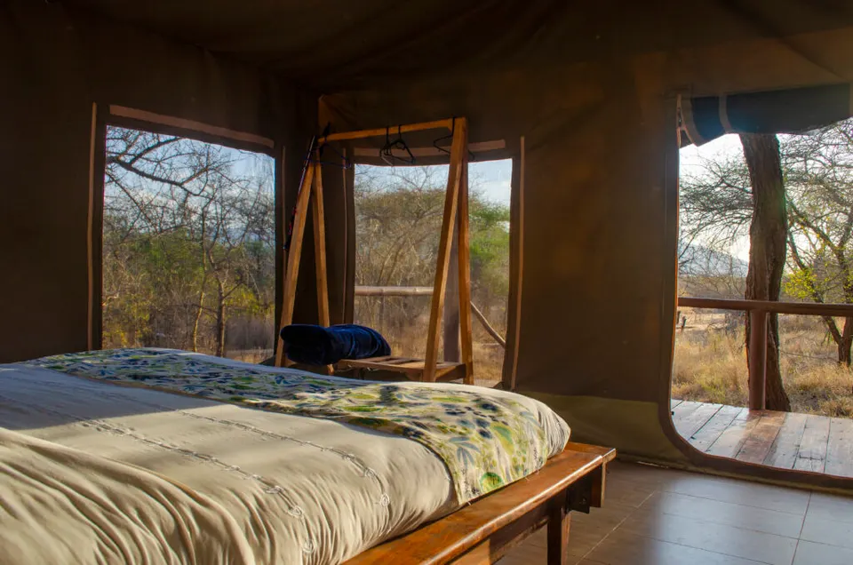 Oldonyo Orok tent bedroom looking toward the veranda