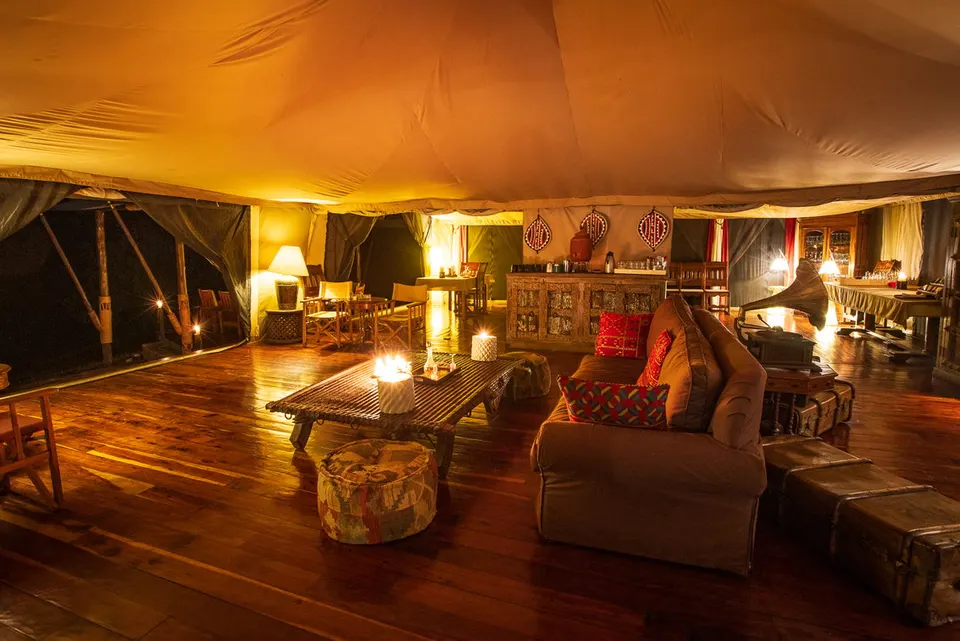 Mess tent and lounge at night