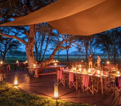 Sirikoi outdoor dining deck at night