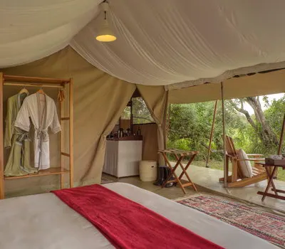 Ol Pejeta Bush Camp tent interior with veranda view