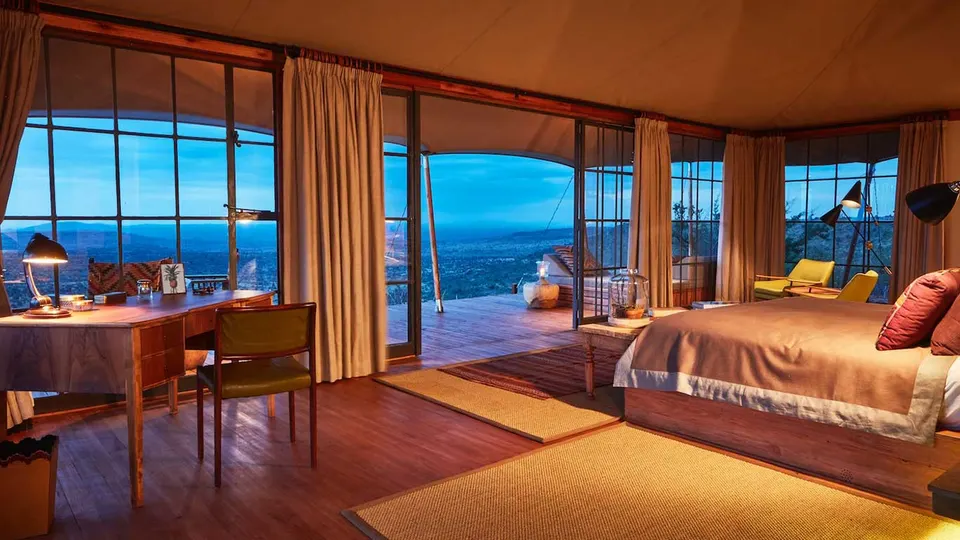 Lodo Springs tent interior at dusk