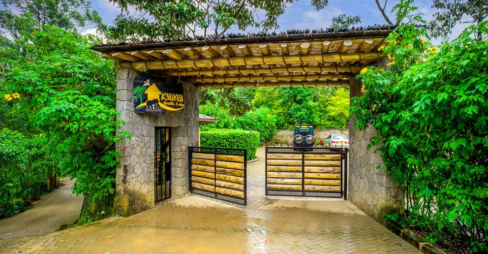 Ichumbi Gorilla Lodge entrance gate and sign