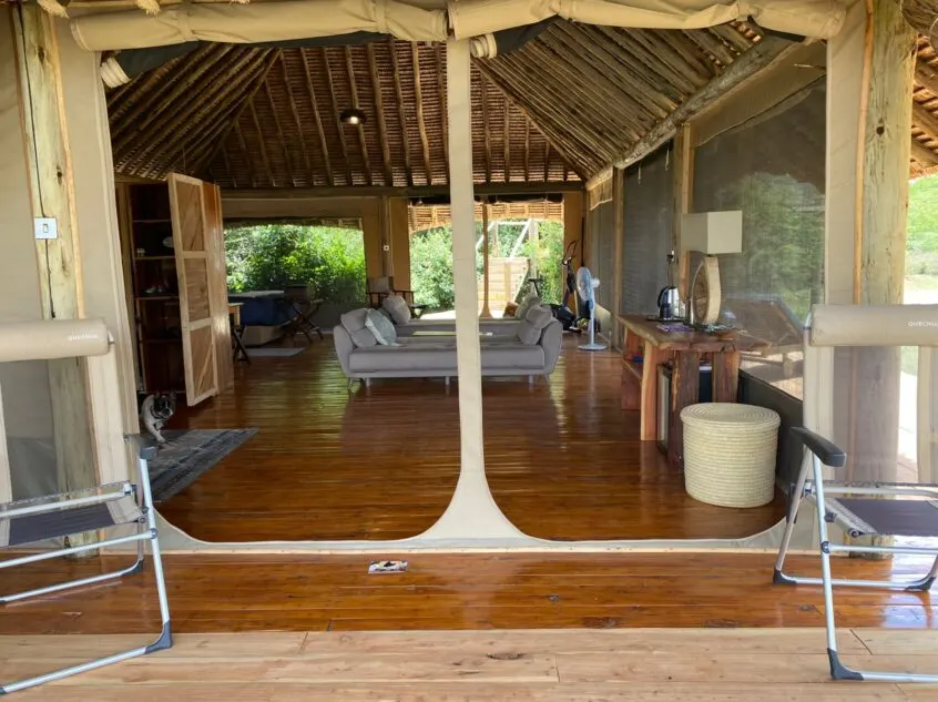 NAPA tent entrance with bedroom visible inside