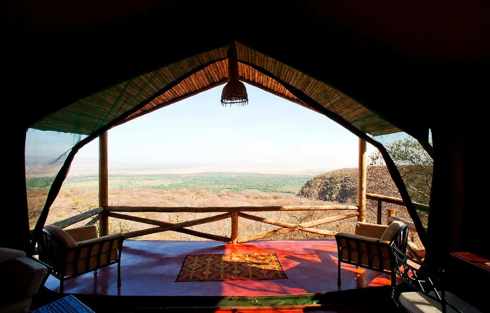 View from a tented veranda across the Rift Valley at Kirurumu Manyara