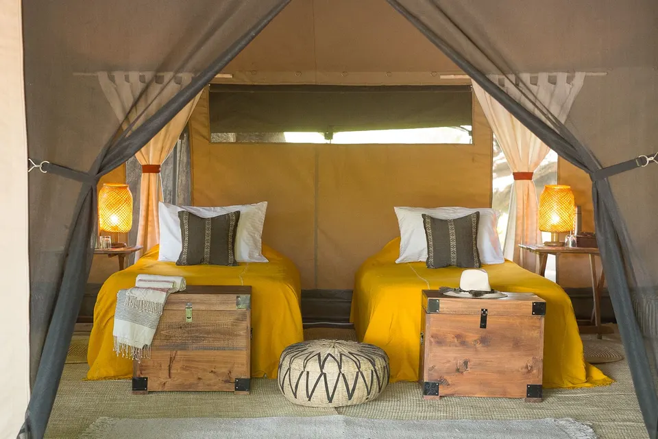 Lale’s Camp tent interior with twin beds