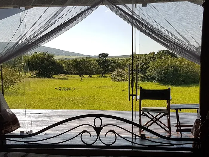 View through a Simba & Oryx Nature Camp tent toward the plains
