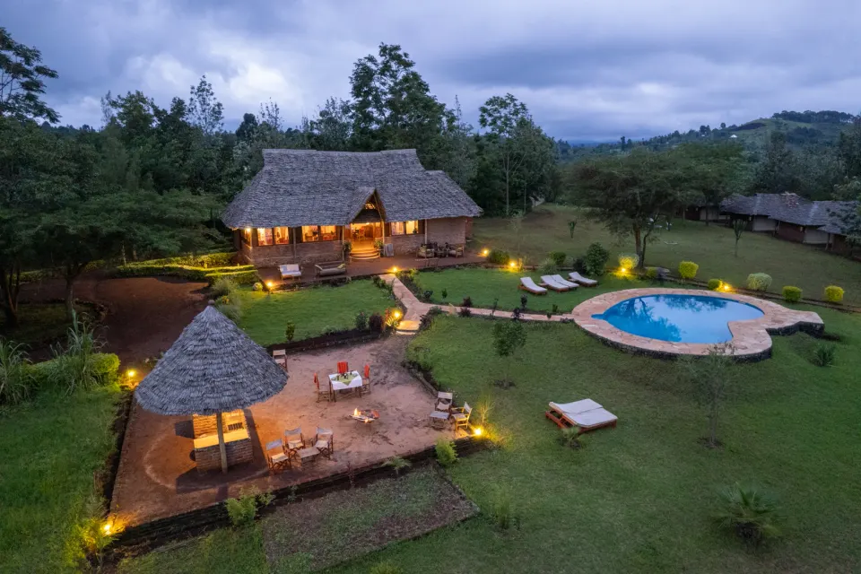 Karatu Tented Lodge aerial garden and pool setting