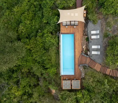 Aerial view of Mahali Mzuri swimming pool and surrounding deck