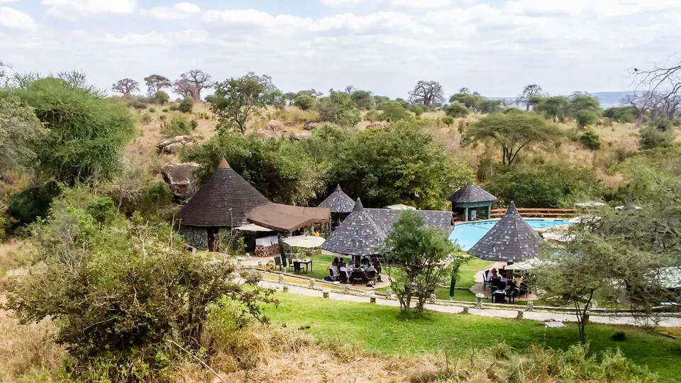 Lodge buildings, gardens and pool area