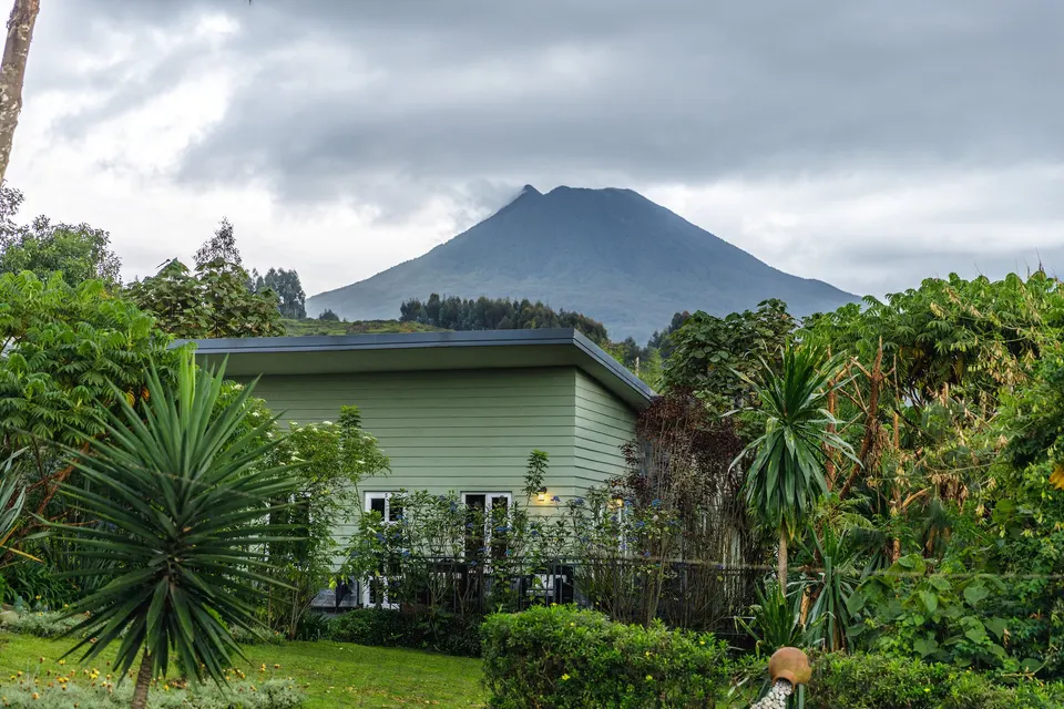 Cottage exterior with volcano backdrop