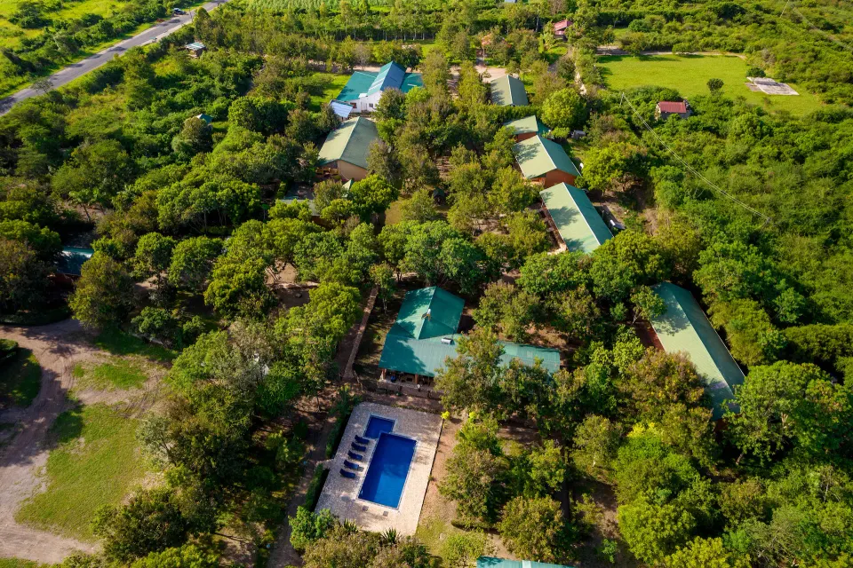 Aerial camp layout with pool