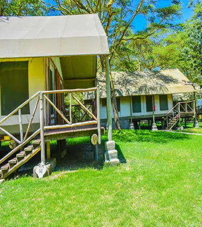 Luxury tent exterior and veranda at Crescent Camp